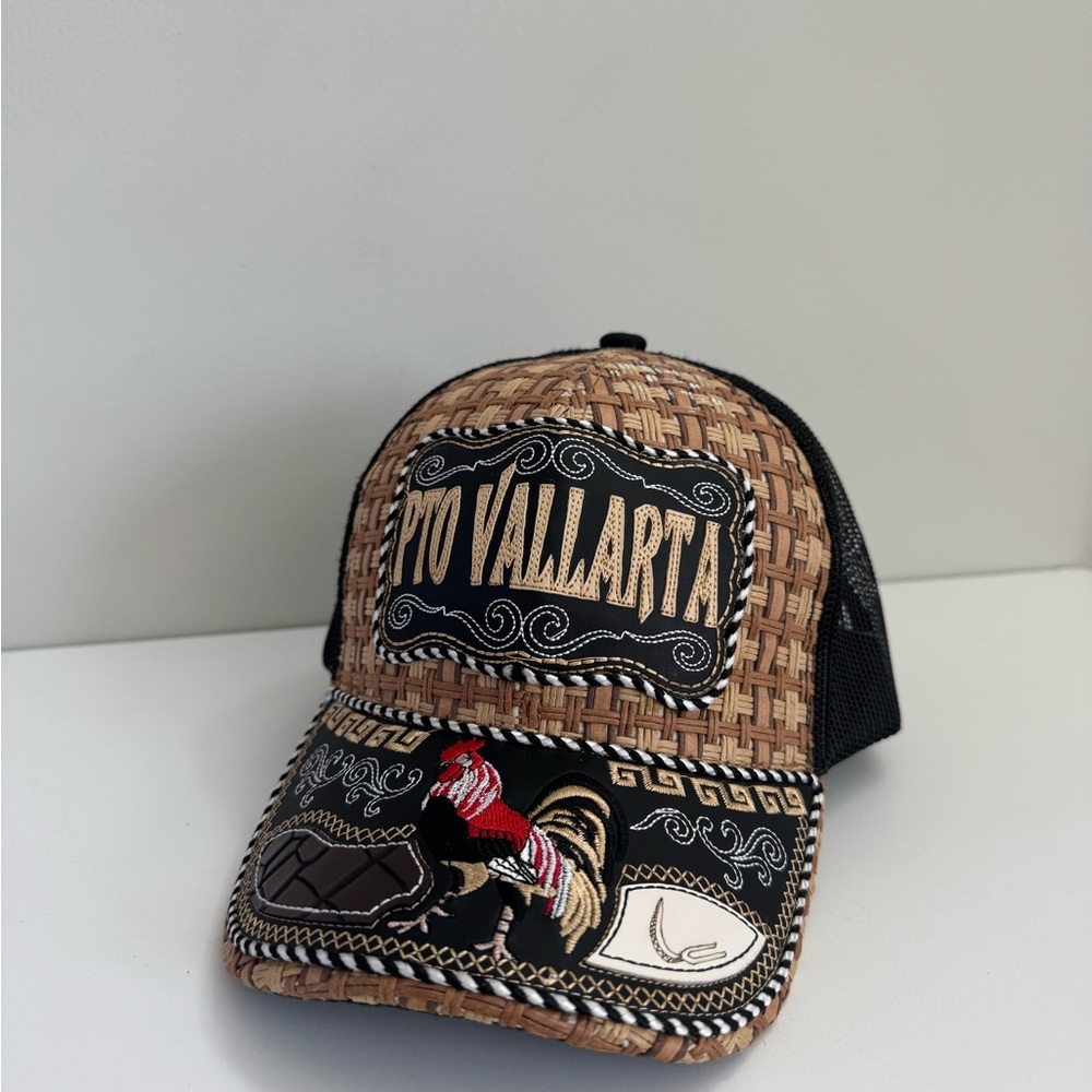Puerto Vallarta, Mexico Embroidered Rooster Straw Trucker Hat